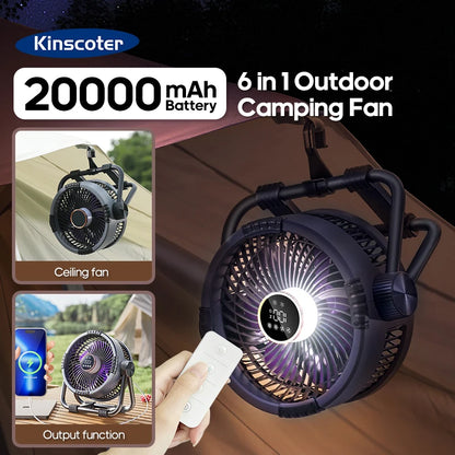 Multifunctional 6 in 1 Outdoor Camping Fan 20000mAh Desktop Air Circulator Wireless Ceiling Electric Fan with Hook and LED Light