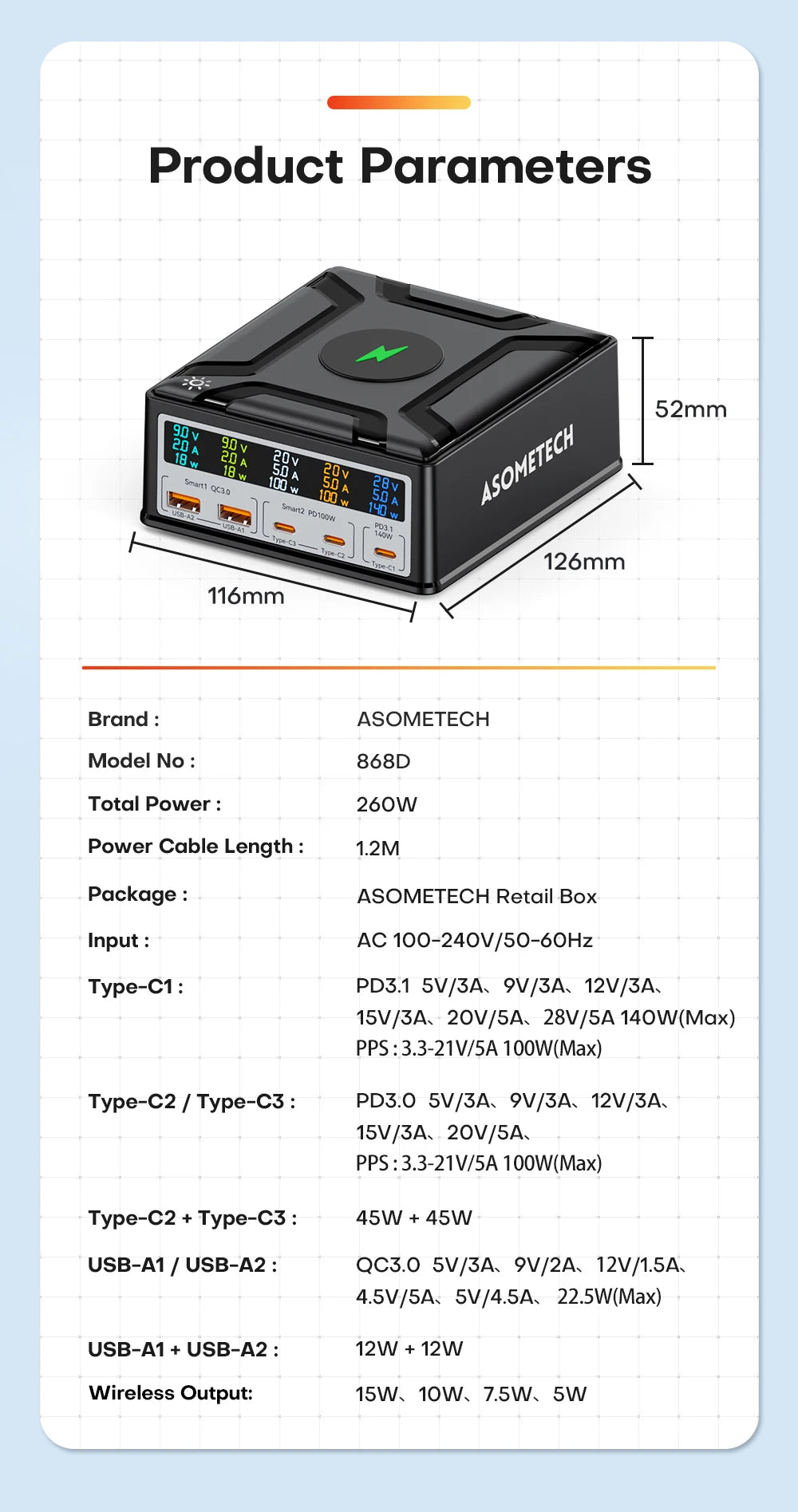 ASOMETECH 260W GaN Charger Digital Display Desktop USB Type C Charger 140W PD3.1 PPS QC4.0 Quick Charger For Laptop Tablet Phone