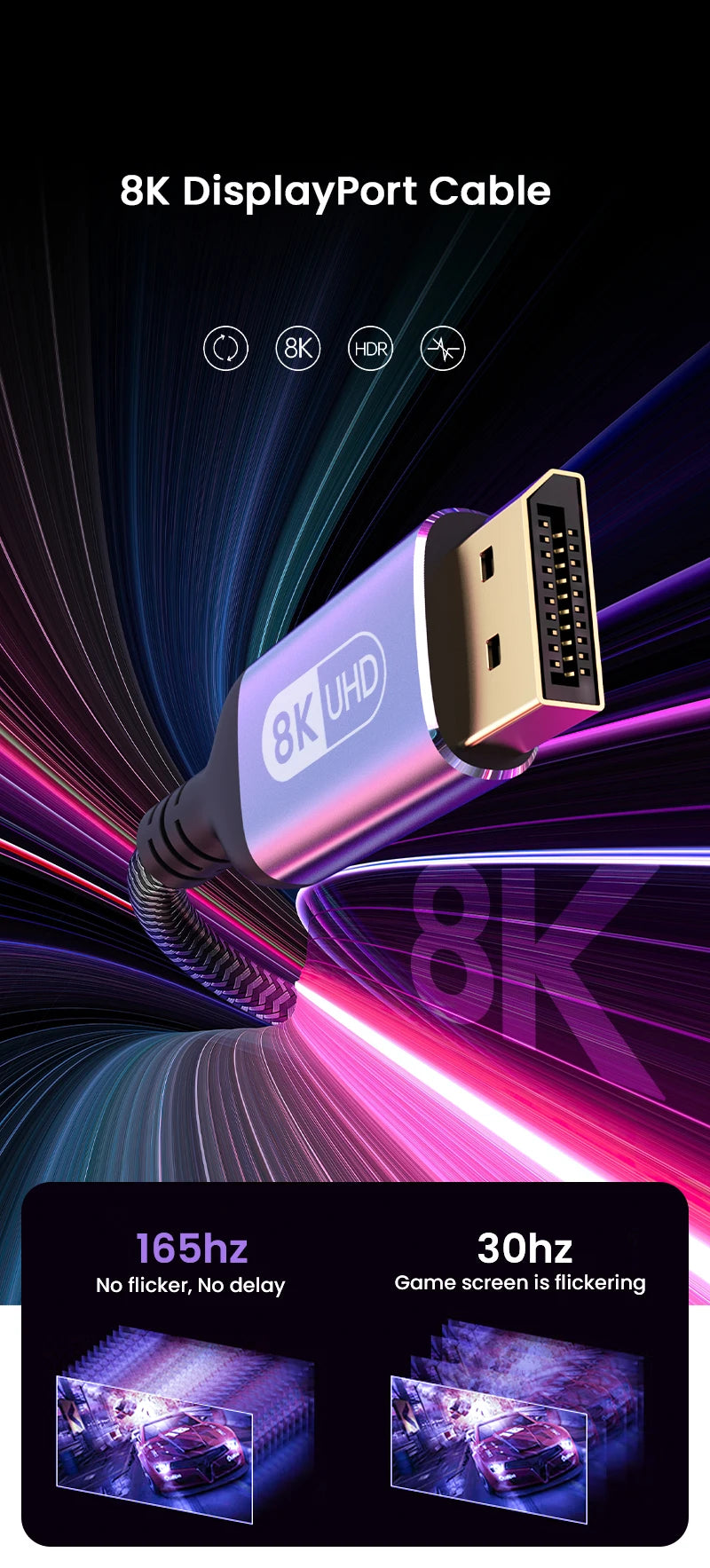 8K DP Cable DisplayPort Cable 1.4 High Speed Display Port Cord 8K@60Hz  G-Sync FreeSync 4K@144Hz 2K@240Hz HDR 10 32.4Gbps
