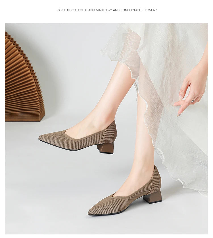 2025 New Women's High Heels Large 42/43 Fashion Pointed Anti slip Rubber Bottom Knitted Breathable Shoes