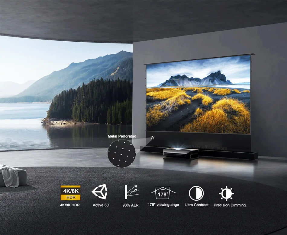 2025 New 120 inch ALR Rejecting Motorized Electric Tab Tension Floor Rising Projector Screen Square Shell  for UST Projector