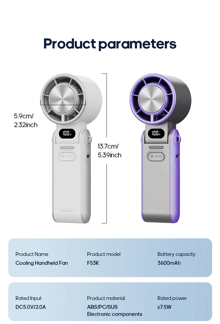 KINSCOTER Outdoor Foldable Portable Handheld Fan Mini Cooling Rechargeable 3600mAh 100-level Free Control High Speed Turbo Fan
