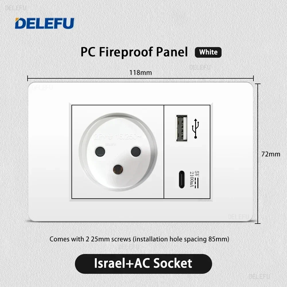 DELEFU White Retardant PC Israel USB Type C Fast Charging Wall Socket Light Tuya Wifi Smart Switch Sat TV Tel Doorbell Curtain