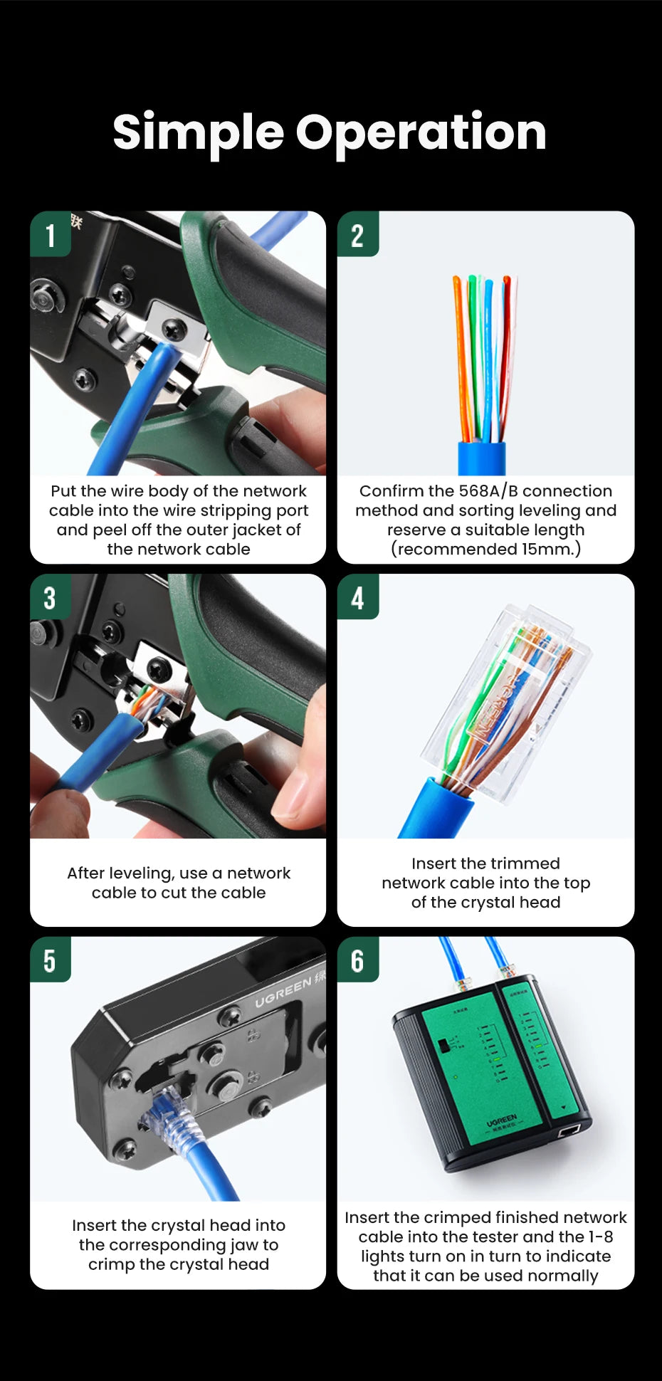 UGREEN RJ45 Crimper Tools RJ45 Crimping Pliers for CAT6/7 Ethernet Lan Cable Network Cutter Stripper Plier Multifuntion Tool