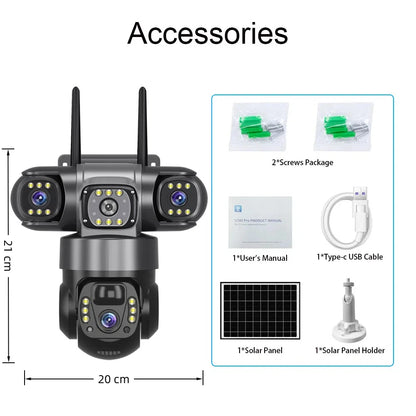 Solar Camera 4G Sim Outdoor 3 Lens 3 Screen 10X Zoom PIR Human Detect Cameras Waterproof Night Vision CCTV Security Protection
