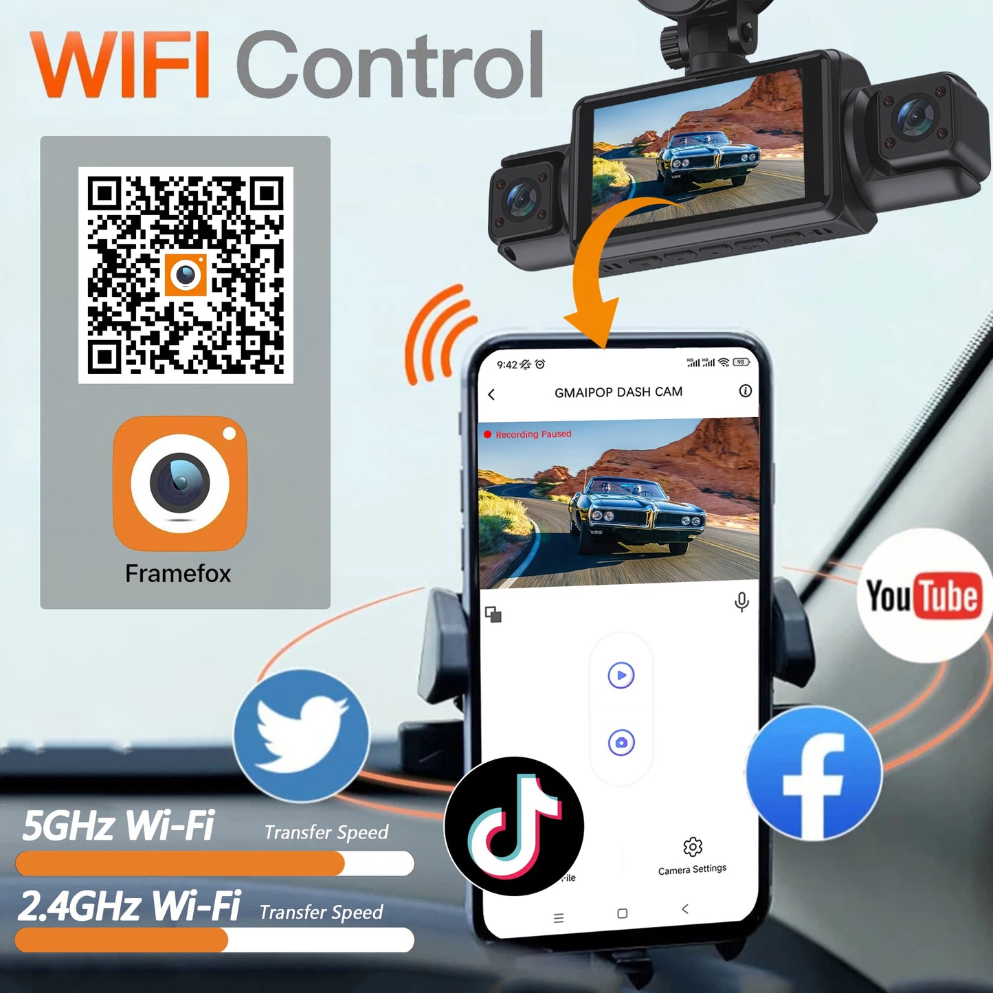 4Ch WiFi Dashcam car camera Black Box Driving DVR FHD 1080P Front Left Right Rear Night Vision Loop Recording Hardwire kit