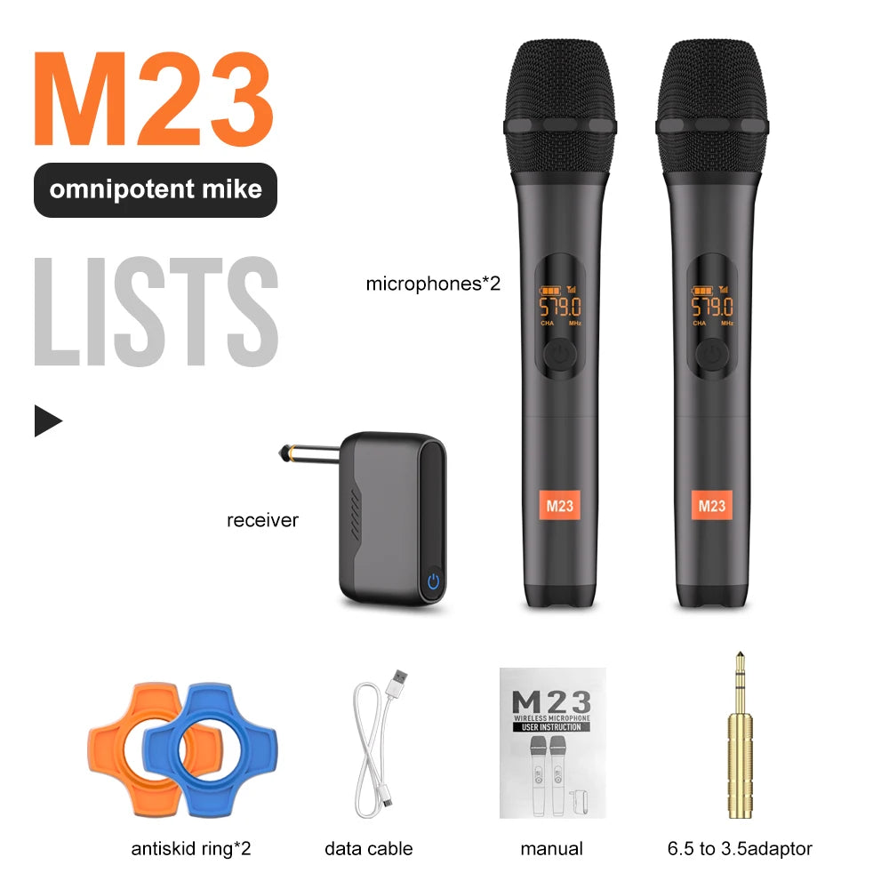 Karaoke Microphone Wireless M23 UHF 2 Channel System Built-in Lithium Battery Cordless Handheld Mic For Church Party Speaker
