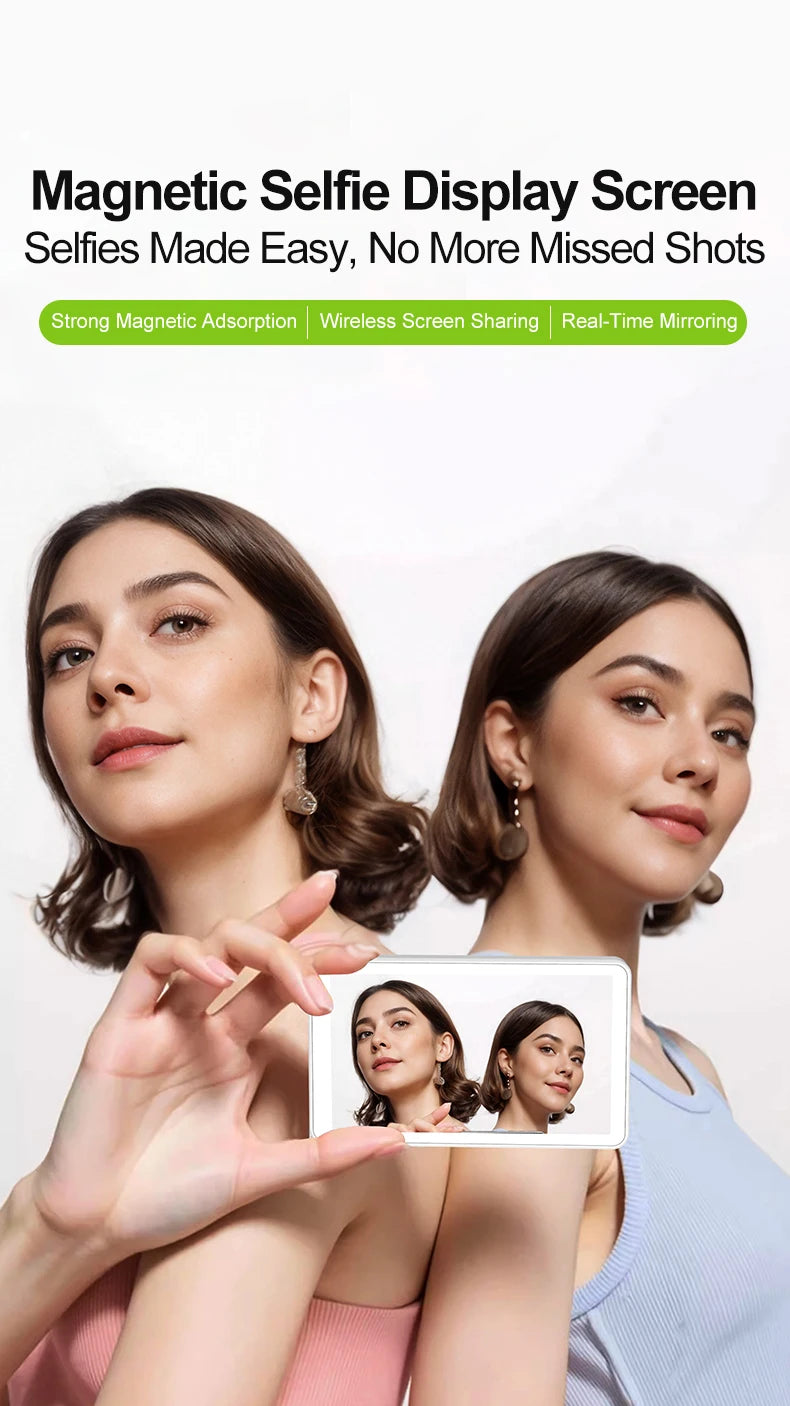 Magnetic Phone Monitor - Real-Time Selfie/Rear Cam - 4K Streaming Assistant - Wide Angle - Fits Most Phones