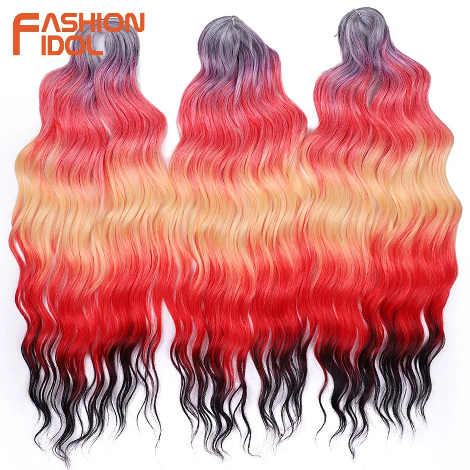FASHION IDOL 24Inch Crochet Hair Synthetic Water Wave Braiding Hair Extensions Ombre Rainbow color Fake Hair Deep Wave Curl Hair