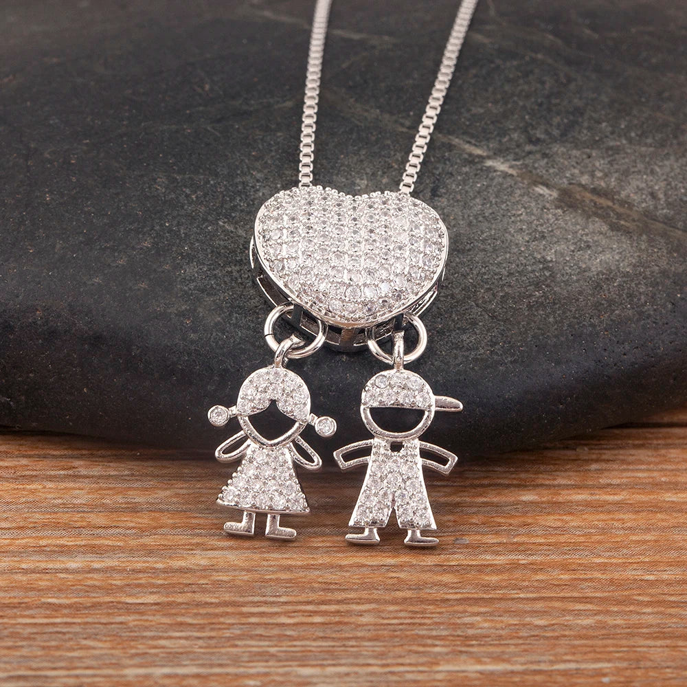 New Trendy Classic Design Shiny Crystal Zircon Charm Boy/Girl Pendant Necklaces For Women Mother's Day Chain Choker Jewelry Gift