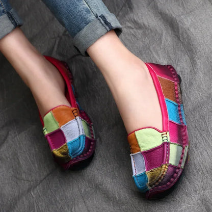 Koznoy 2.5cm Native Flats Shoes Women Natural Cow Genuine Leather Big Size Mixed Color Soft Soled Loafer Ethnic Moccasins Comfy