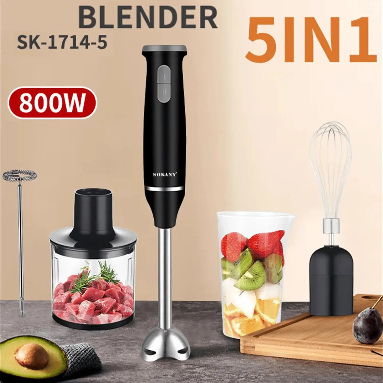 SOKANY 1714 Immersion Hand Blender, 2-Speed, 5-in-1, Hand Mixer, Whisk, Meat Chopper, Measuring Cup
