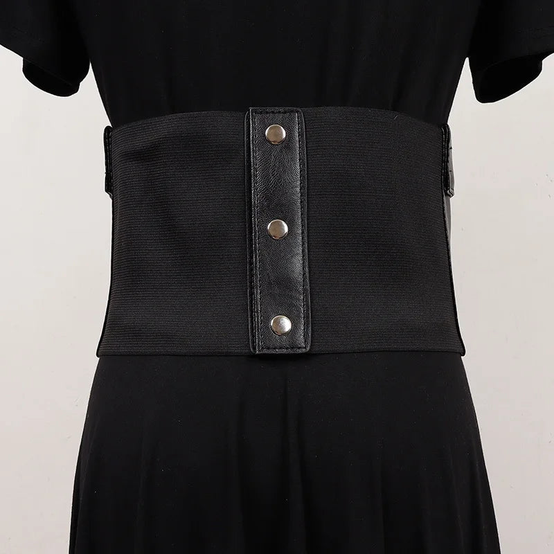 [EAM] Pu Leather Black Bandage Wide Elastic Belt Personality Women New Fashion Tide All-match Spring Autumn 2026 1DH8687
