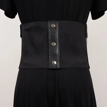 [EAM] Pu Leather Black Bandage Wide Elastic Belt Personality Women New Fashion Tide All-match Spring Autumn 2026 1DH8687