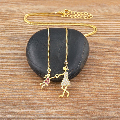 Nidin Exquisite Gold Plated Mom Daughter Necklace Girl Boy Pendant Chain Choker Cubic Zirconia Jewelry Mother's Day Gift