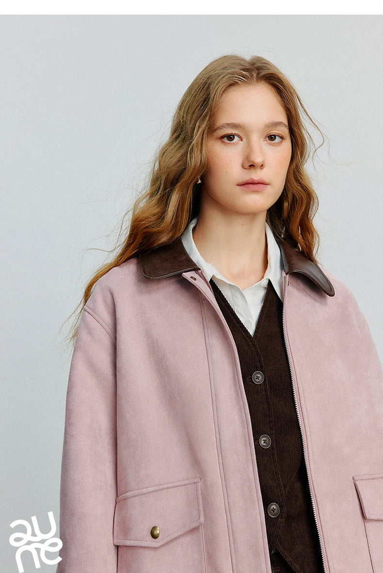TOYOUTH Women Jacket coat 2025 Autumn New Vingtage Barn Style Suede Leather Patchwork Collar Jacket Brown