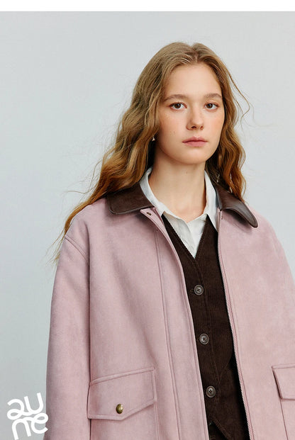 TOYOUTH Women Jacket coat 2025 Autumn New Vingtage Barn Style Suede Leather Patchwork Collar Jacket Brown