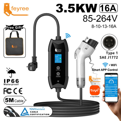 feyree Type2 EV Charger WIFI APP Control 16A 3.5KW GBT 5M Cable Type1 Portable Charging Box Set Charging&DelayTime for EV Cars