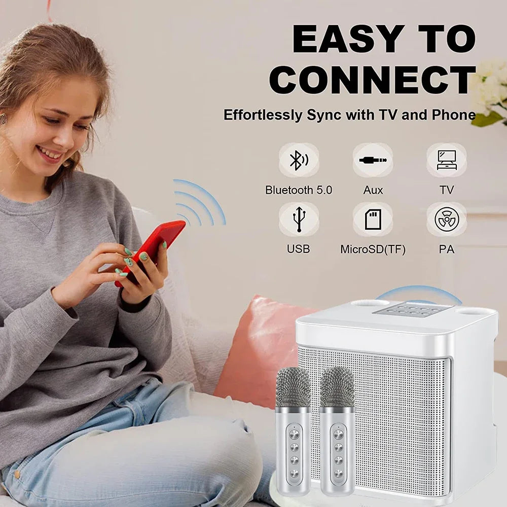 Karaoke Machine With 2 Wireless Dual Microphones Portable Boombox AUX TF Card U Disk Player Voice Changer For Party
