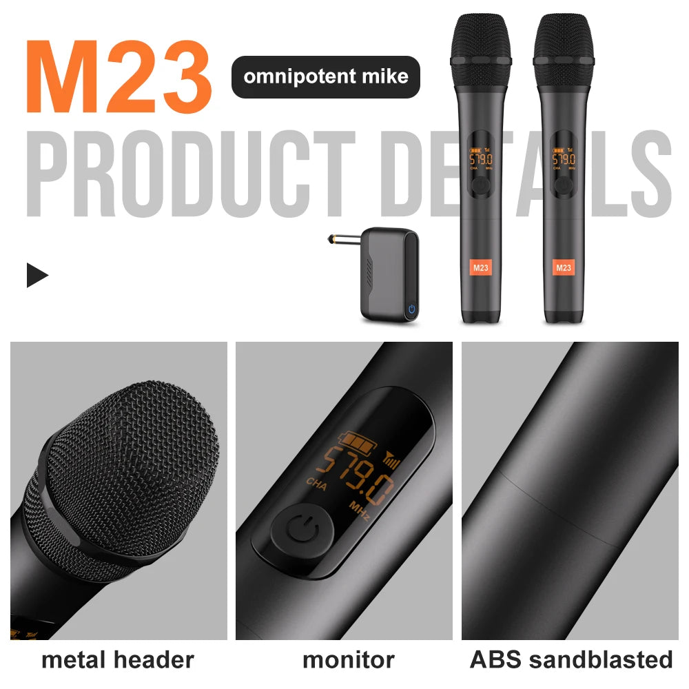 Karaoke Microphone Wireless M23 UHF 2 Channel System Built-in Lithium Battery Cordless Handheld Mic For Church Party Speaker