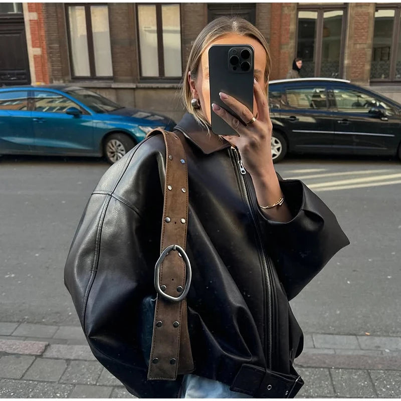 Vintage PU Leather Bomber Jackets 2025 Autumn New Ladies Zipper Lapel Long Sleeve Pocket Coat With Belt Women's Loose Streetwear