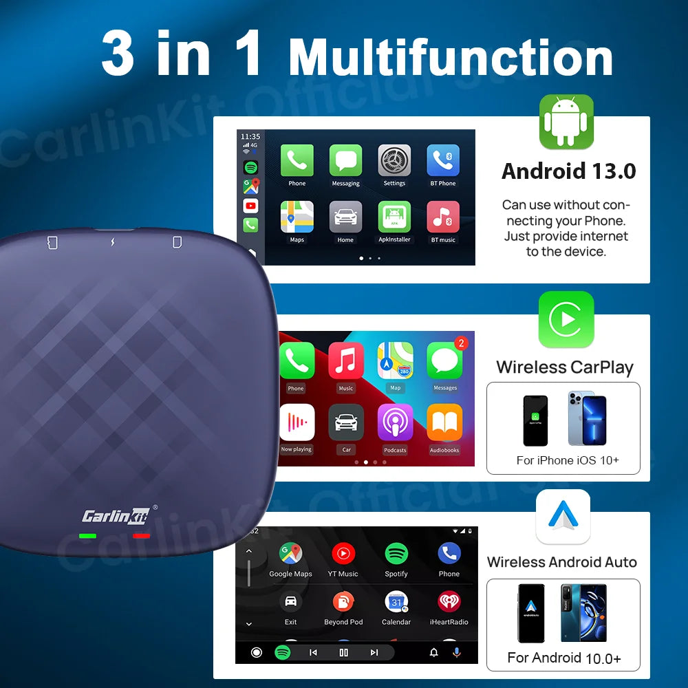 Android 13 CarlinKit Android Auto Wireless CarPlay AI TV Box QCM6125 8-Core Split Screen 64G 128G For Netflix YouTube Play Store