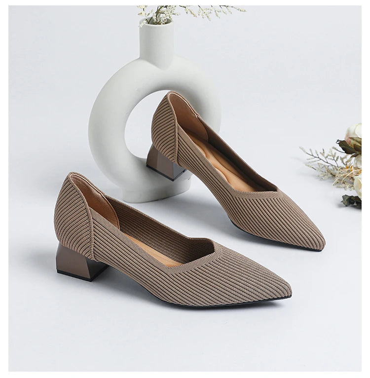 2025 New Women's High Heels Large 42/43 Fashion Pointed Anti slip Rubber Bottom Knitted Breathable Shoes