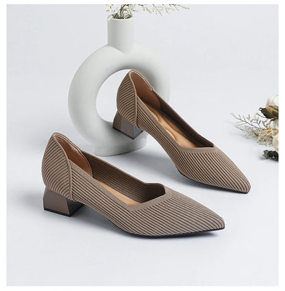 2025 New Women's High Heels Large 42/43 Fashion Pointed Anti slip Rubber Bottom Knitted Breathable Shoes