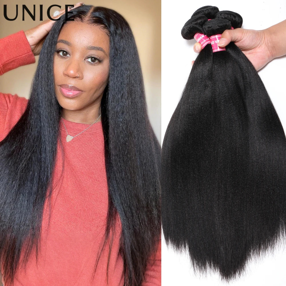 Unice Hair Yaki Straight Hair Bundles 1/3/4 PCS Bundles 100% Human Hair Sew In Quick Weaves Hair Extensions 100G Per Bundle