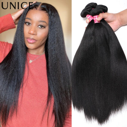 Unice Hair Yaki Straight Hair Bundles 1/3/4 PCS Bundles 100% Human Hair Sew In Quick Weaves Hair Extensions 100G Per Bundle