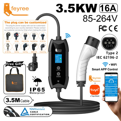 feyree Portable EV Charger Type2 IEC62196-2 EVSE Fast Charging 3.5M Cable EVSE Wallbox WiFi APP Bluetooth Wireless Control