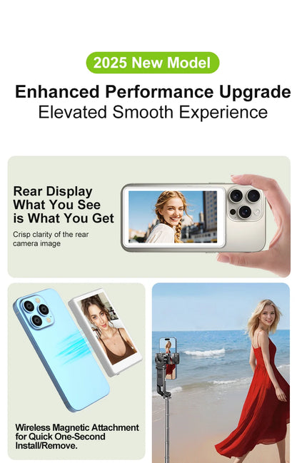 Magnetic Phone Monitor - Real-Time Selfie/Rear Cam - 4K Streaming Assistant - Wide Angle - Fits Most Phones