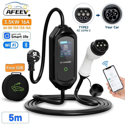 AFEEV Portable EV Charger Type2 IEC62196-2 EVSE Fast Charging Cable Type1 SAE J1772 Wallbox WiFi APP Bluetooth Wireless Control