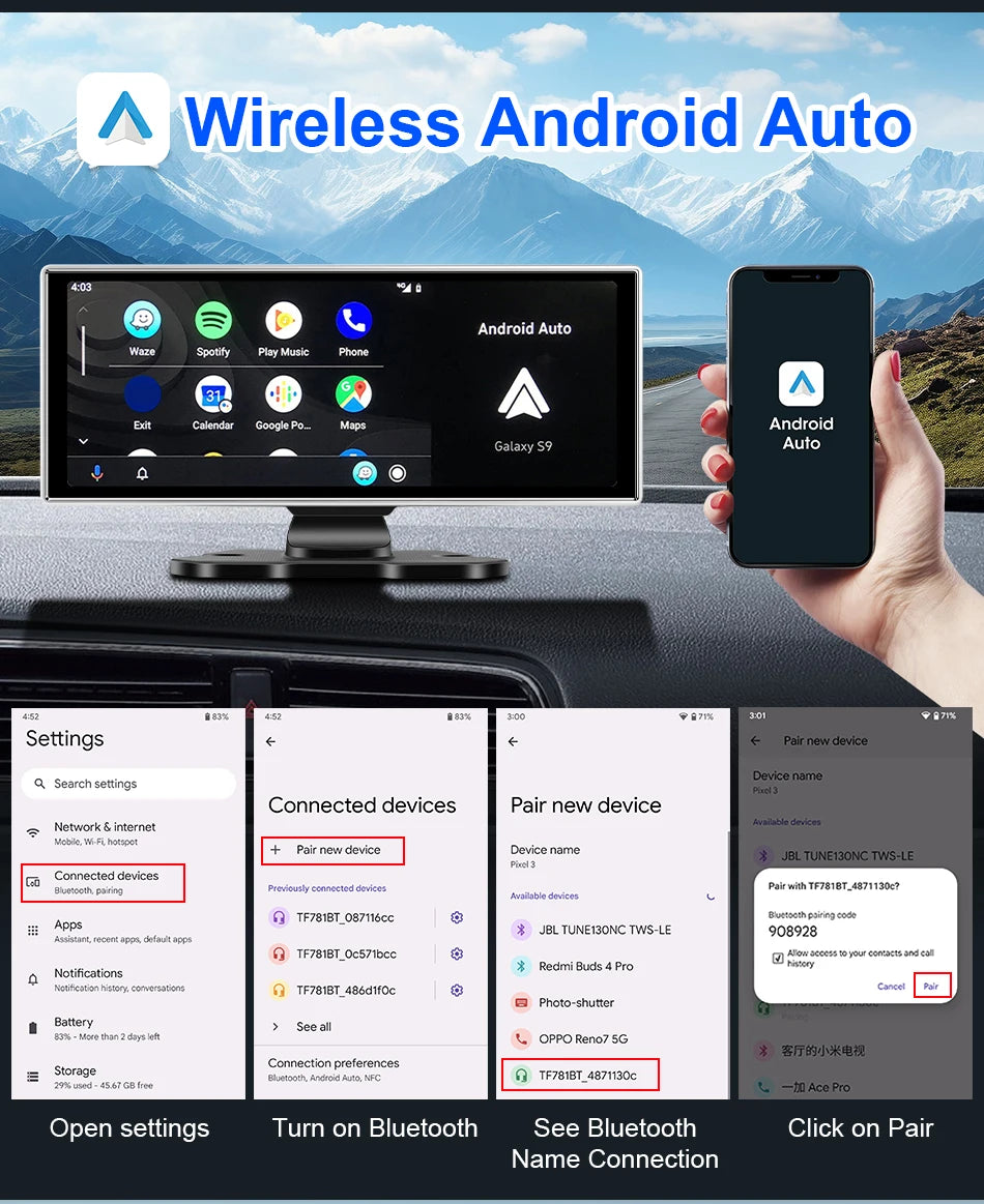10/11.26 inch Dash Cam 4K Car DVR Wireless Carplay & Android Auto GPS Navigation Video Recorder Dashboard Dual Lens Wifi FM AUX