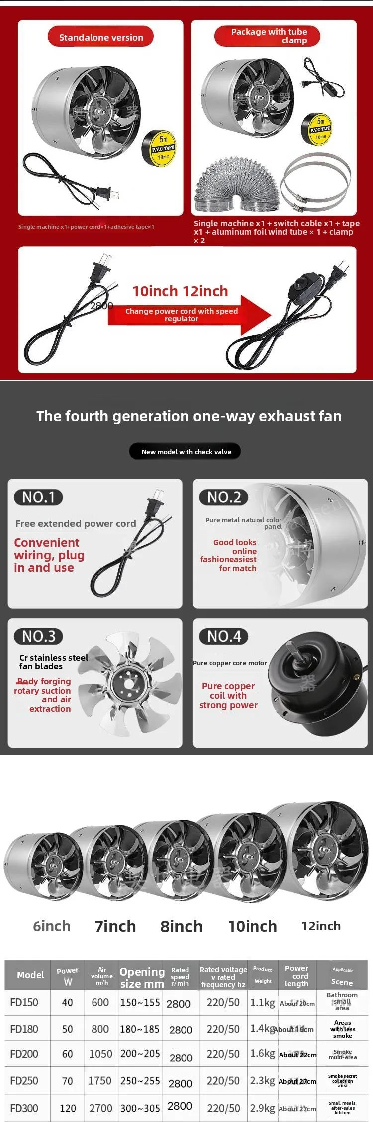 '6''8'' Pipe Exhaust Fan Air Ventilator Metal Pipe Ventilation Exhaust Fan Mini Extractor Bathroom Toilet Wall Fan Duct Fan
