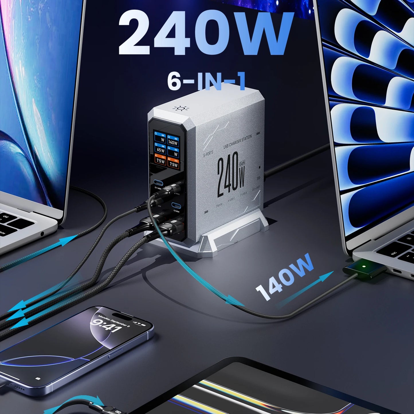 240W GaN Charger PD3.1 140W USB Type C 6 Ports PPS PD Desktop Fast Charging Station for MacBook Laptops Tablet iPhone Samsung