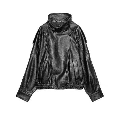 Vintage PU Leather Bomber Jackets 2025 Autumn New Ladies Zipper Lapel Long Sleeve Pocket Coat With Belt Women's Loose Streetwear