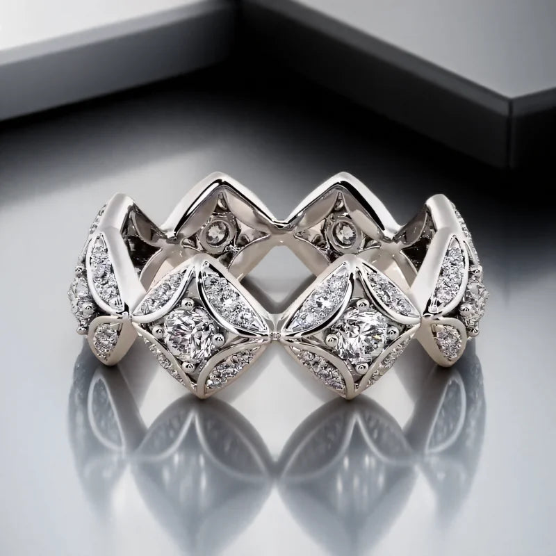 Geometric White Zircon Round Stone Rings For Women Silver Color Engagement Pormise Band Bridal Wedding Jewelry Mother's Day Gift