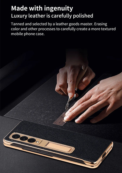 LANGSIDI Leather Case for Samsung Galaxy Z Fold 6 5 4 3 Fold6 Fold5 Gold Plating Magnetic Hinge Stand Cover with Mirror Film