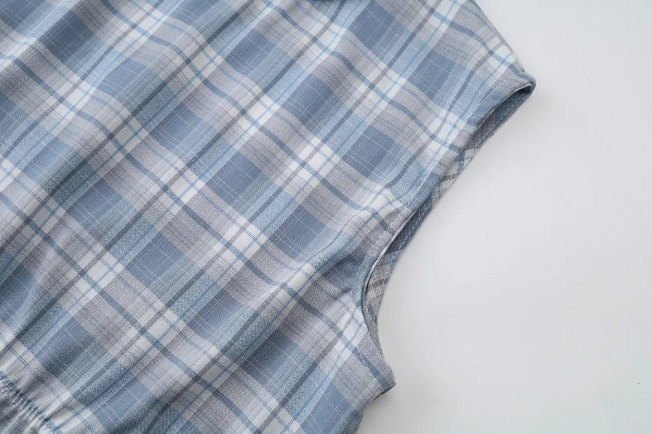 AS  SS26 summer Teen Girls Blue Knitted Cardigan + Plaid Sleeveless Maxi Dress holiday looks