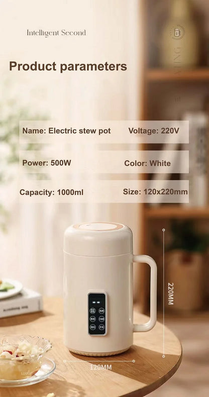 500W Electric Kettle 12h Appointment Porridge Special Pot Portable 304 Stainless Steel Health Cup Multifunctional Rice Cooker 1L