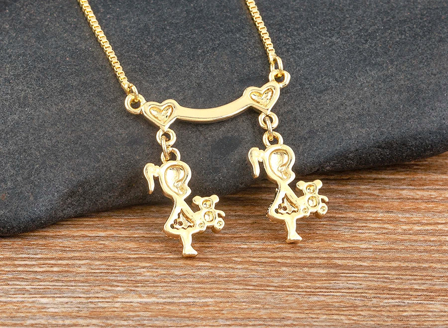 Nidin Exquisite Gold Plated Mom Daughter Necklace Girl Boy Pendant Chain Choker Cubic Zirconia Jewelry Mother's Day Gift