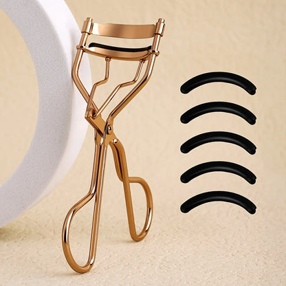 1 portable eyelash curler with 5 silicone pads, stainless steel eyelash curler, permanently shaping big eyes.