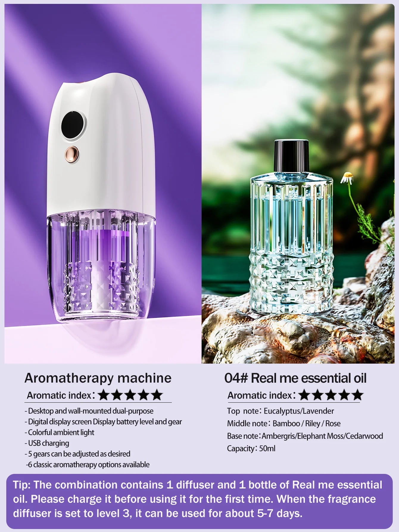 Multifunctional rechargeable portable essential oil diffuser Multiple aroma aromatherapy essential oils can be used in home cars