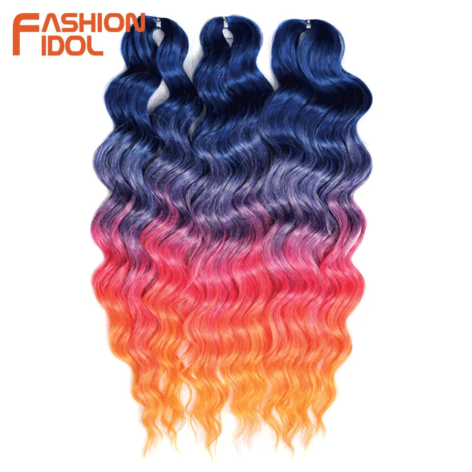 FASHION IDOL 24Inch Crochet Hair Synthetic Water Wave Braiding Hair Extensions Ombre Rainbow color Fake Hair Deep Wave Curl Hair