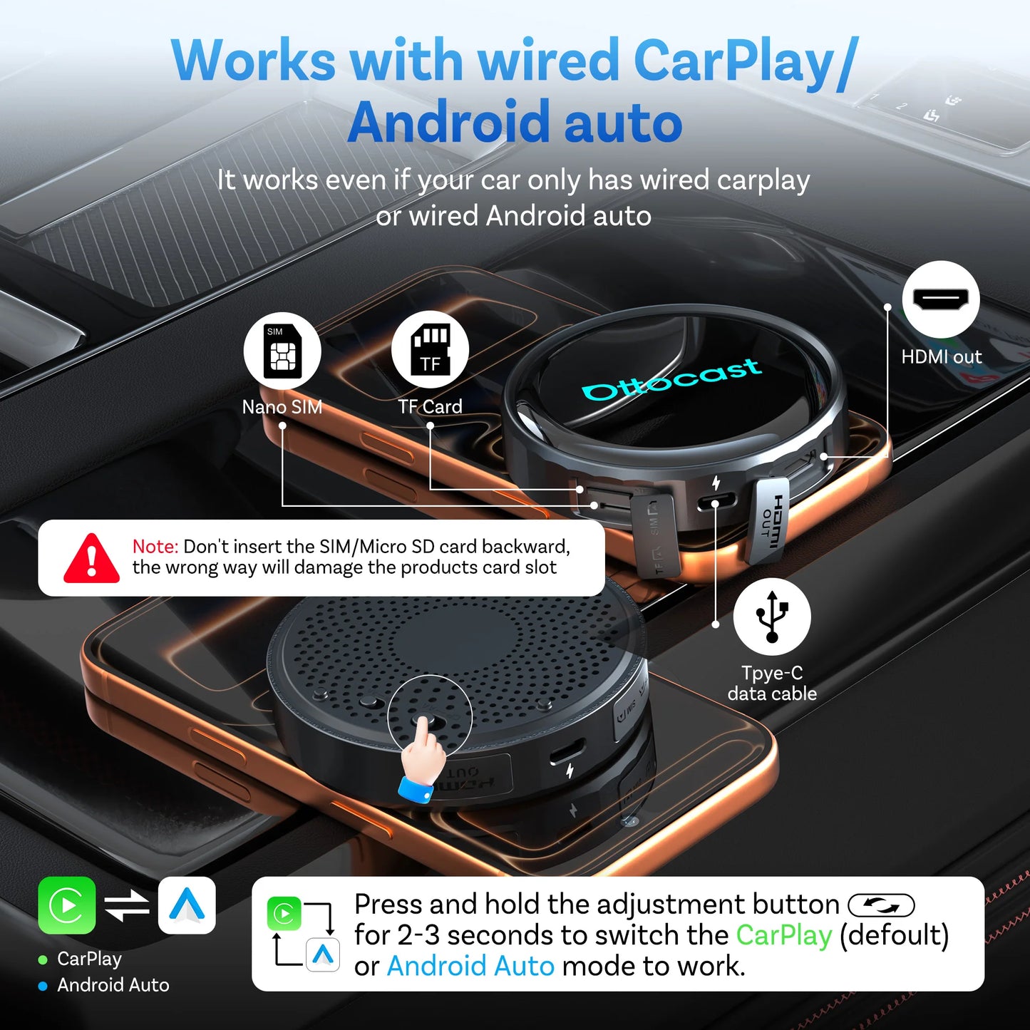 OTTOCAST P3 PRO AI Box Android TV Box for HDMI out Wireless CarPlay Android Auto Car Accessories for Toyota VW Honda Kia Benz