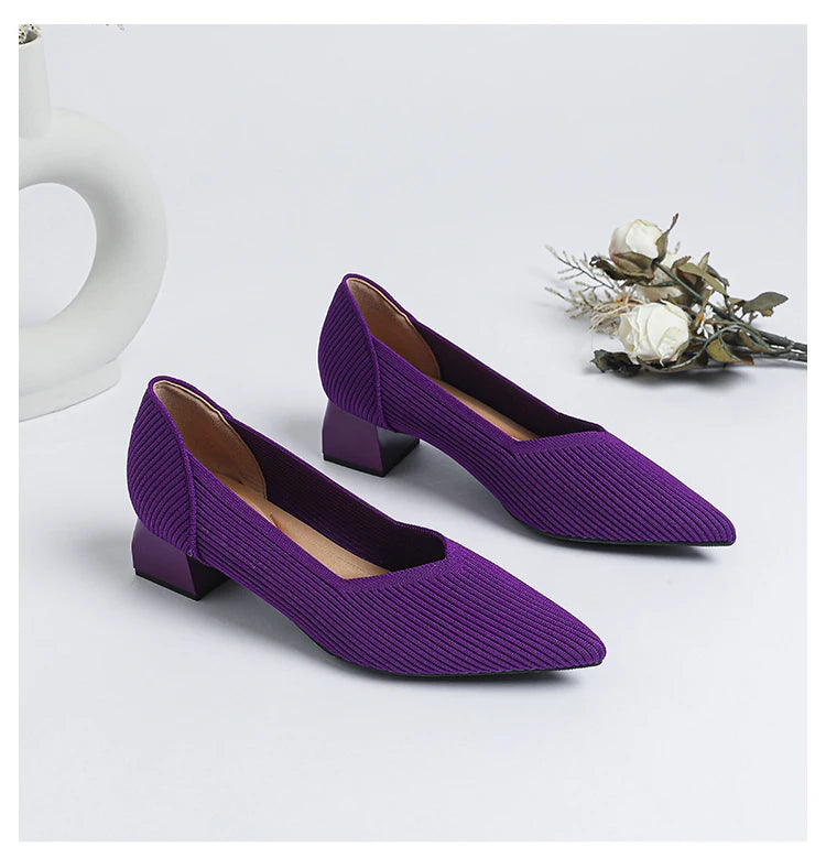 2025 New Women's High Heels Large 42/43 Fashion Pointed Anti slip Rubber Bottom Knitted Breathable Shoes