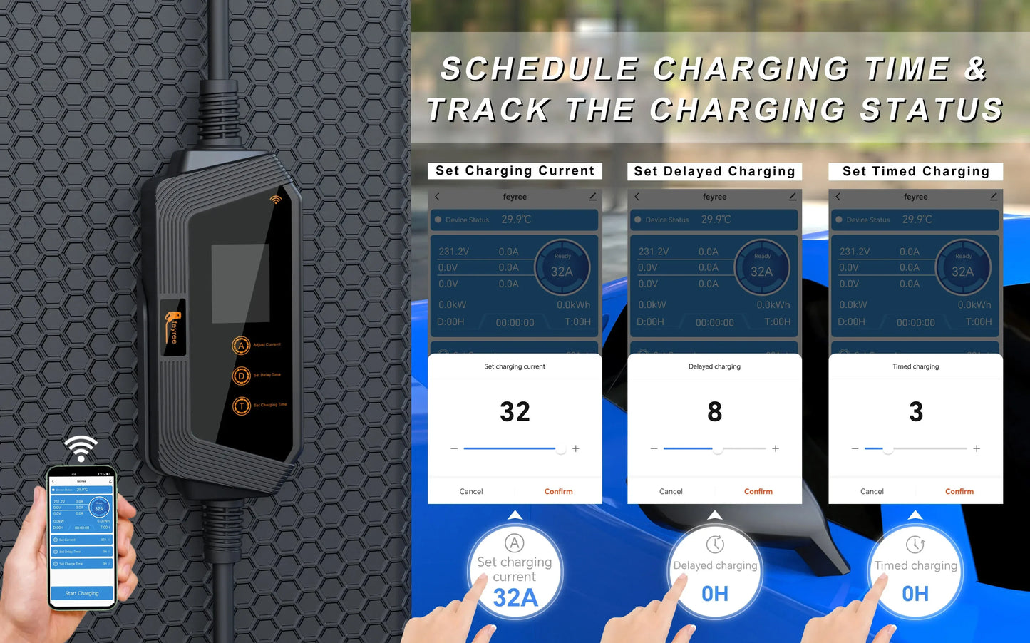feyree Type2 / Type1 / GBT / TS-NACS Socket 32A 7KW 1 Phase Smart APP Wi-Fi Control for Home & Outdoor Use