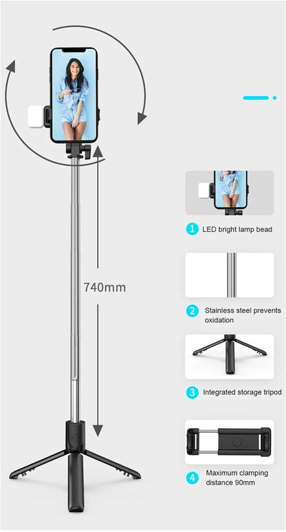 Cell Phone Selfie Stick Tripod Bluetooth Remote Wireless Selfi Stick Phone HolderStand with Beauty Fill Light for Phone