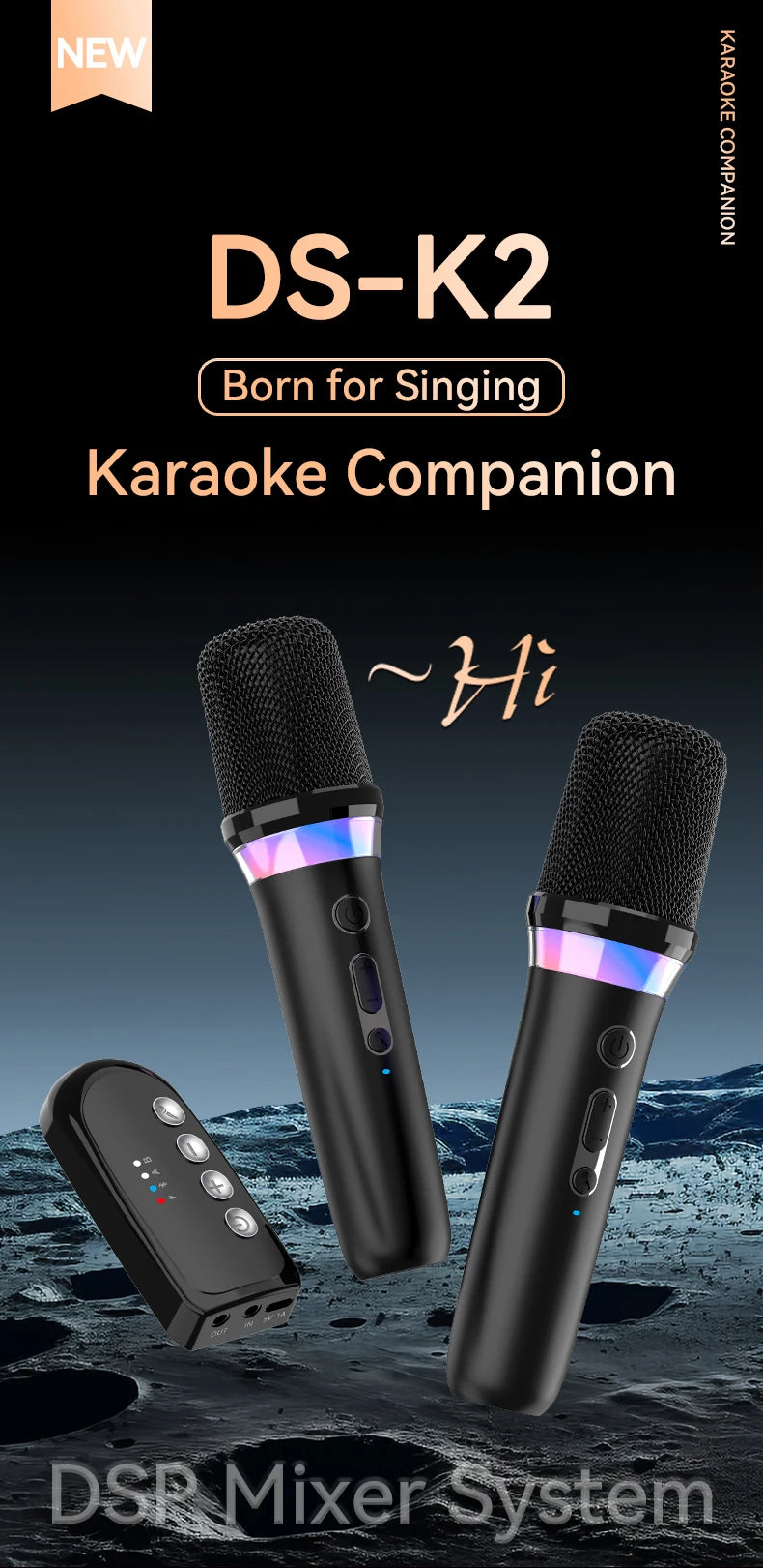 New DS-K2 Karaoke Companion Bluetooth Wireless Moving-Coil Microphone With RGB Light KTV DSP Mixer System For Wired Speaker Car